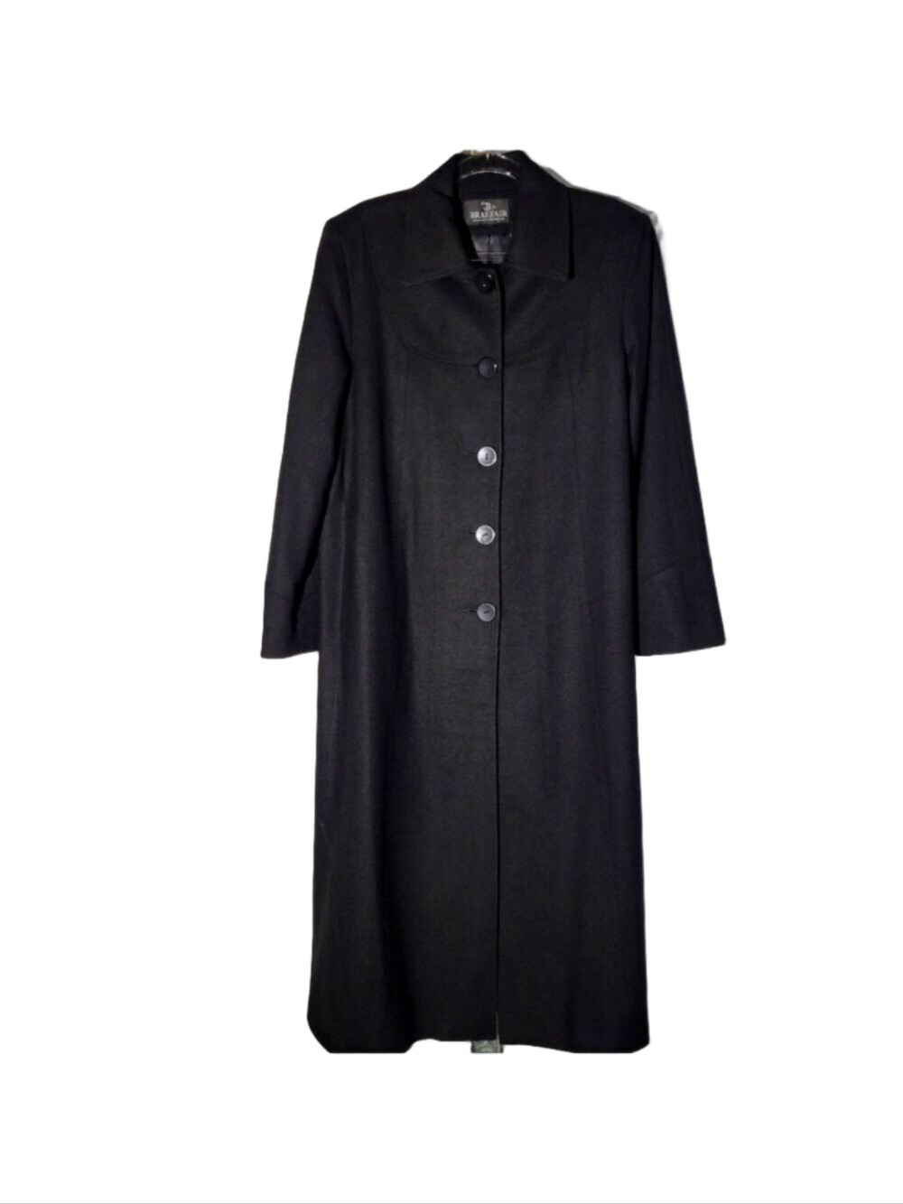 Vintage 90s Braefair Black Wool Mix Long Overcoat Trench Size 12